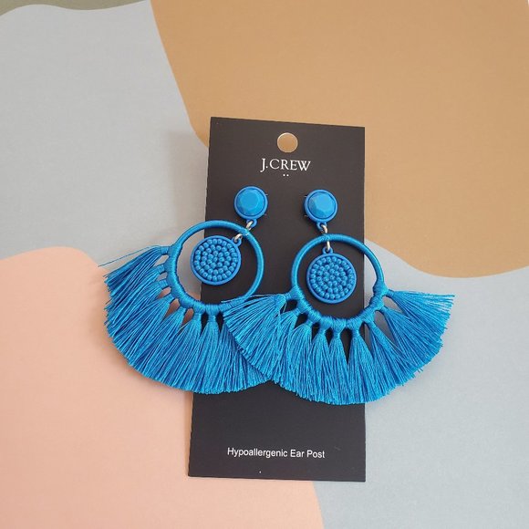 J. Crew Jewelry - J Crew Cabana Blue Tassel Beaded Fan Bohemian